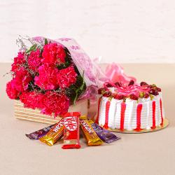 Anniversary Exclusive Gift Hampers - Flower Combo of Carnations, Cakes and Chocolates