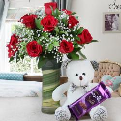 Anniversary Romantic Gift Hampers - Arrangement of Ten Roses and Cute Teddy with Chocolate