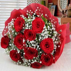 Valentine Midnight Gifts - Ten Red Roses Wrapped in Tissue For Valentines Day