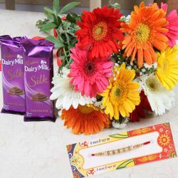 Zircon Rakhis - Mix Gerberas Bouquet with Chocolate and Rakhi