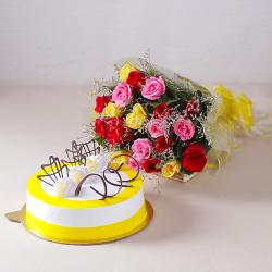 Birthday Gifts Midnight Delivery - Multi Color 20 Roses with Half Kg Pineapple Cake