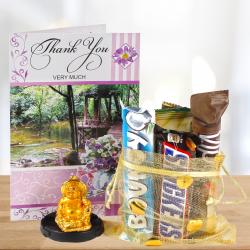 Send Thank You Card and Tiny Laughing Buddha with 5 Imported Assorted Chocolates To Goa