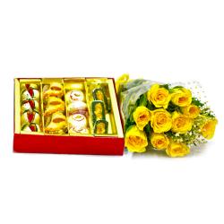 Send Ten Yellow Roses Bouquet with 1 Kg Assorted Kaju Sweet Box To Devlali