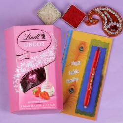 Rakhi With Chocolates - Strawberry Lindor Chocolates Rakhi Combo