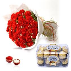 Bhai Dooj Tikka - Red Carnation Bouquet and Ferrero Rocher Chocolate for Bhai Dooj