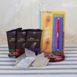 Rakhi With Sweets - Bournville Chocolate with Kaju Katli and Designer Rakhi