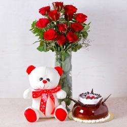Flowers with Soft Toy - Red Roses Vase with Chocolate Vanilla Cake and Teddy Bear