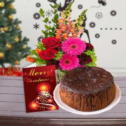 Send Christmas Gift Mix Flowers Bouquet with Plum Cake and Christmas Card To Bhubaneshwar