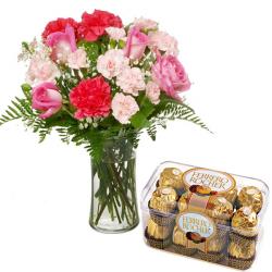 Mix Flower Hampers - Roses and Carnation Combination with Ferrero Rocher