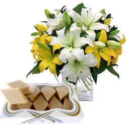 Flowers with Sweets - 12 Lilies Vase and Kaju Katli