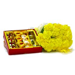 Send Bouquet of 20 Yellow Carnations with Box of Assorted Indian Sweets To Dehradun