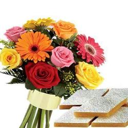 Flowers with Sweets - Floral Bouquet and Kaju Katli