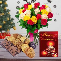 Christmas Flowers - Assorted Cookies with Christmas Cardand Mix Roses Bouquet for Christmas