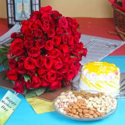 Mothers Day Gifts to Ludhiana - Hundred Red Roses Bouquet with Mix Dryfruits and Pineapple Cake