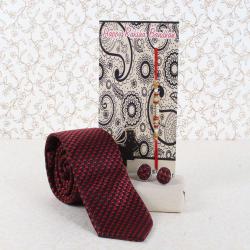 Rakhi to Canada - Red Maroon Weaved Printed Tie and Cufflinks Rakhi Gift Combo - Canada