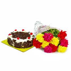 Send Bhai Dooj Gift Ten Multi Color Carnations Bunch with Half Kg Black Forest Cake To Kachchh