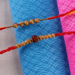 Set Of 2 Rakhis - Wooden Rakhis with Rudraksha Rakhi