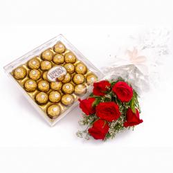 Chocolates Same Day Delivery - Six Red Roses Bunch and 24 Pcs Ferrero Rocher Chocolate Box