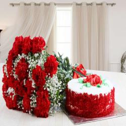 Valentine Flowers with Cake - Valentine Exclusive Gift of Red Carnation Bouquet with Red Velvet Cake