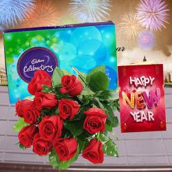 New Year Express Gifts Delivery - Red Roses Bouquet with Cadbury Celebration Chocolates and New Year Card