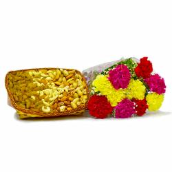 Flowers with Dry Fruits - Bouquet of 10 Colorful Carnations with Mix Dry Fruits in a Basket