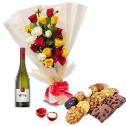 Bhai Dooj Gift Ideas - Bhai Dooj Mix Roses with Cookies and Wine