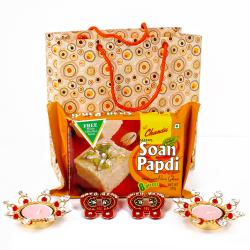 Diwali Sweets - Soan Papdi with Diya Hamper packed in Paper Bag