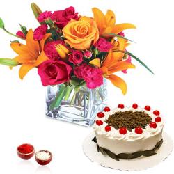 Bhai Dooj Gifts for Brother - Bhai Dooj Brightfull Flower Vase with Black Forest Cake