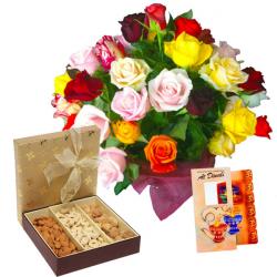 Send Diwali Gift Diwali Card and Mix Roses with Dry fruits To Tiruchirapalli
