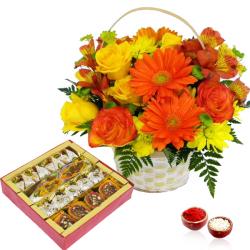 Bhai Dooj Gift Ideas - Bhai Dooj Basket Arrangement of Mix Flowers and Assorted Sweets