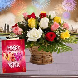New Year Flowers - Roses Arrangement with New Year Greeting Card