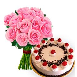 Cakes with Flowers - Pink Roses Bouquet With Black Forest Cake