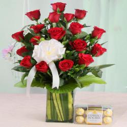 Valentine Flowers with Sweets - Valentine Exclusive Arrangement of Red Roses with Ferrero Rocher Chocolate