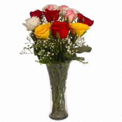 Birthday Gifts for Women - Glass Vase of Dozen Multi Color Roses