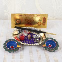Diwali Pooja Thali - Desinger Diwali Thali and Earthen Diya with Gold Plated Lakshmi Note