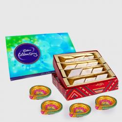 Send Diwali Gift Cadbury Celebration Chocolate Pack with Kaju Katli Sweet and 4 Diwali Diya To Blimora