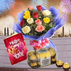 New Year Express Gifts Delivery - 12 Mix Roses with Ferrero Rochers Chocolate and New Year Card