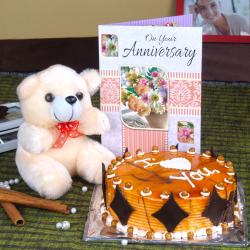 Send Butterscotch Cake and Teddy with Anniversary Card To Ranchi