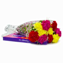 Missing You Flowers - Bunch of Ten Mix carnations with Cadbury Celebration Chocolate Box