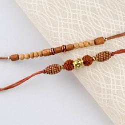 Set Of 2 Rakhis - Wooden Beads Rakhi with Double Rudraksha Rakhi