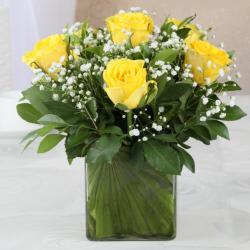 House Warming Gifts for Friends - Glass Vase of Six Lovely Yellow Roses