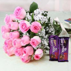 New Born Flowers - Dazzling of Pink Roses with Cadbury Dairy Milk Chocolates