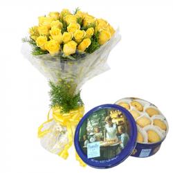 Rakhi with Cookies - Memorable Gift Hamper of Cookies With Yellow Roses