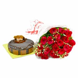 Bhai Dooj Return Gifts for Sister - Bouquet of 20 Red Roses with Half Kg Chocolate Cake