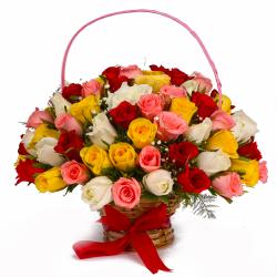 Send Basket Arrangement of Fifty Colorful Roses To Cuddalore