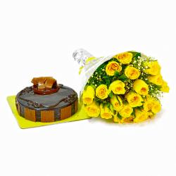 Flowers and Cake for Her - Chocolate Cake with 20 Yellow Color Roses