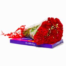 Missing You Flowers - Ten Red Carnations Bouquet with Cadbury Celebration Chocolate Box