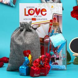 Romantic Gift Hampers for Her - Valentines Day Card and Banjem Chocolates with Personalized Message Bottle