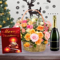 Roses Arrangement with Wine and Christmas Card Combo