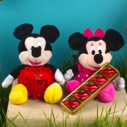 Womens Day Gift Hampers - Mickey and Minnie Mouse Soft Toy and Red Love Heart with Lip Shaped Chocolate